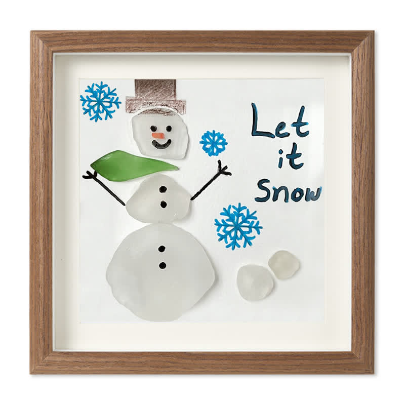 "Let It Snow" Snowman Sea Glass Framed Art - Walnut Brown - 8" X 8" - image 11