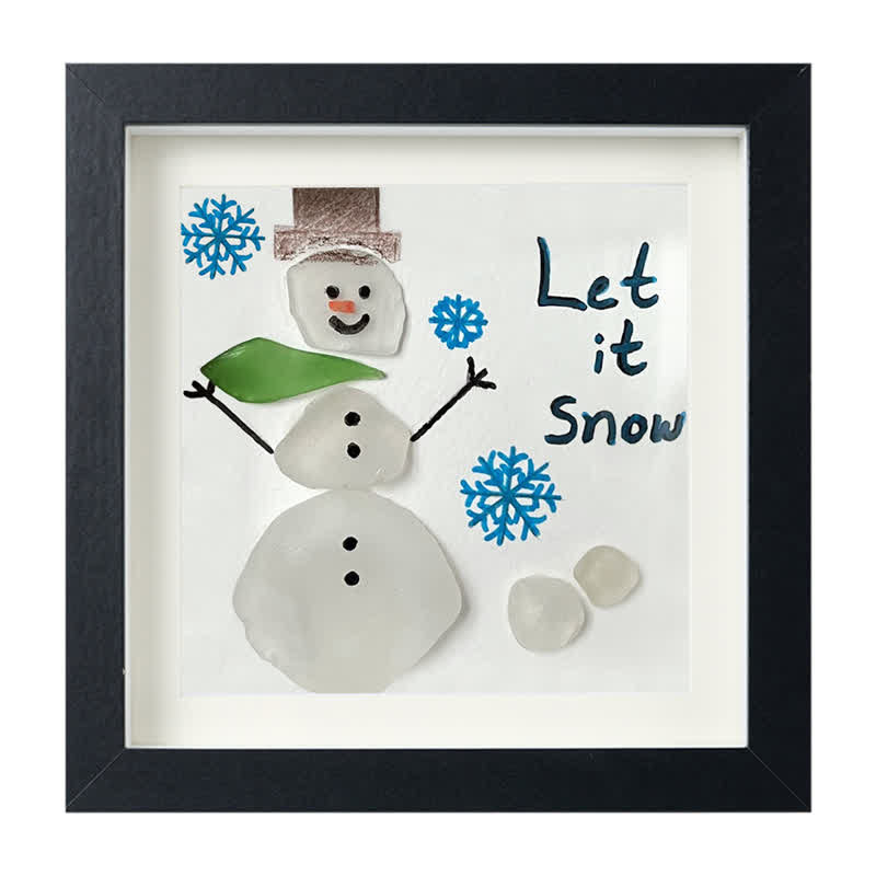 "Let It Snow" Snowman Sea Glass Framed Art - Black - 8" X 8" - image 12
