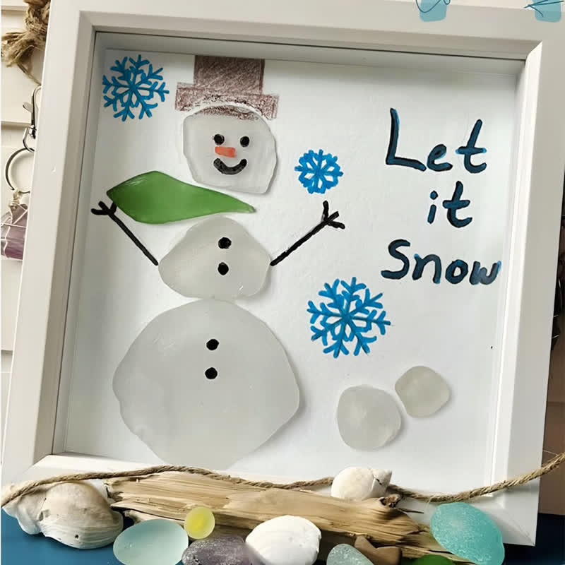 "Let It Snow" Snowman Sea Glass Framed Art - image 0