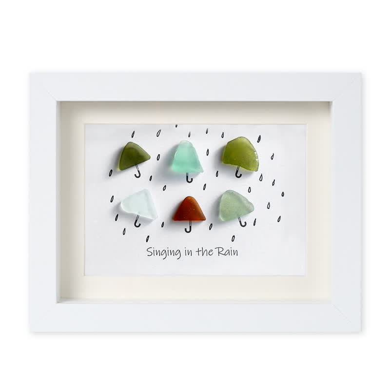 "Singing in the Rain" Umbrella Sea Glass Framed Art - White - 6" X 8" - image 15