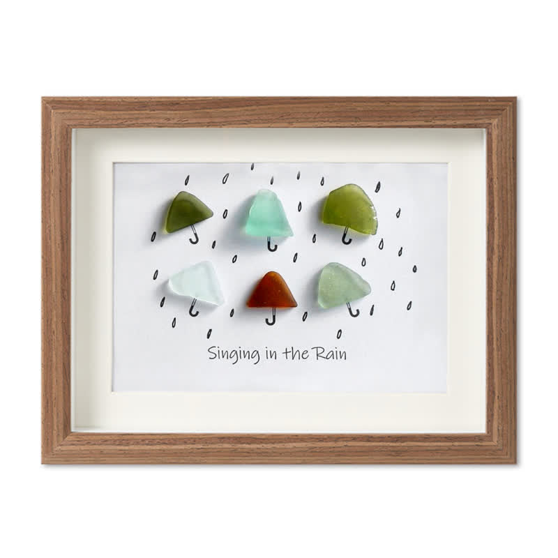 "Singing in the Rain" Umbrella Sea Glass Framed Art - Walnut Brown - 6" X 8" - image 13