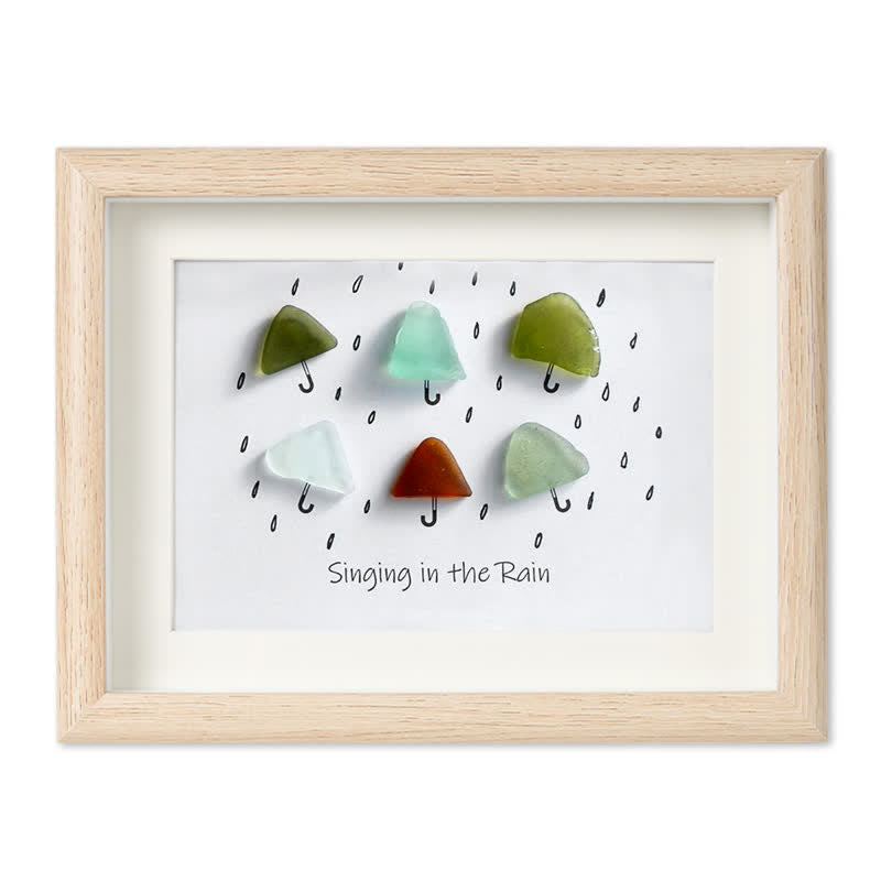 "Singing in the Rain" Umbrella Sea Glass Framed Art - Oak - 6" X 8" - image 12