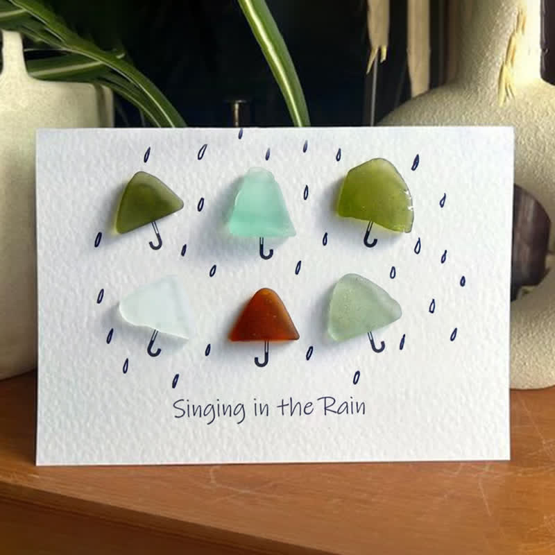 "Singing in the Rain" Umbrella Sea Glass Framed Art - Seaglass Card - 6" X 8" - image 1
