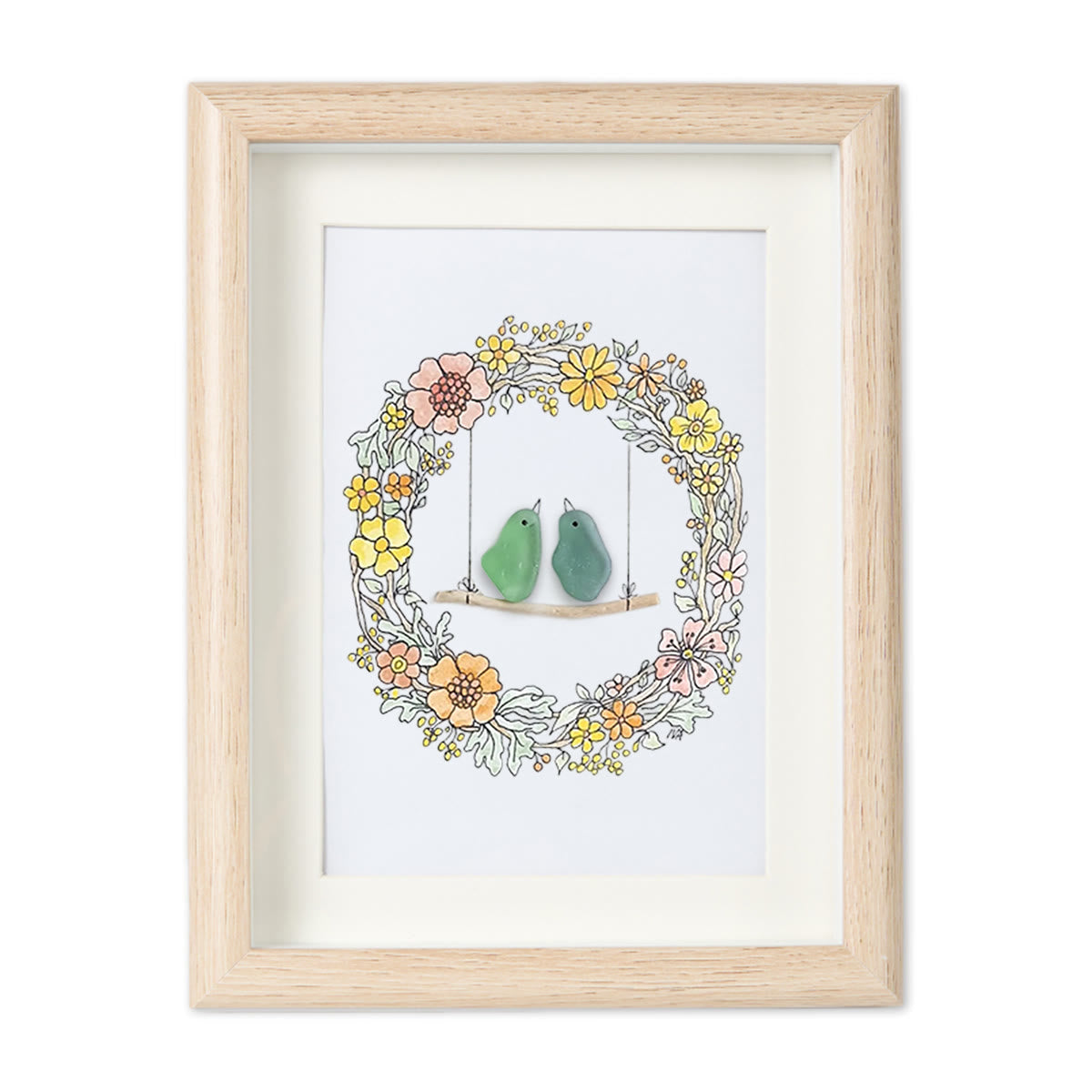 Birds On The Swing Sea Glass Framed Art - Oak - 8" X 6" - image 10