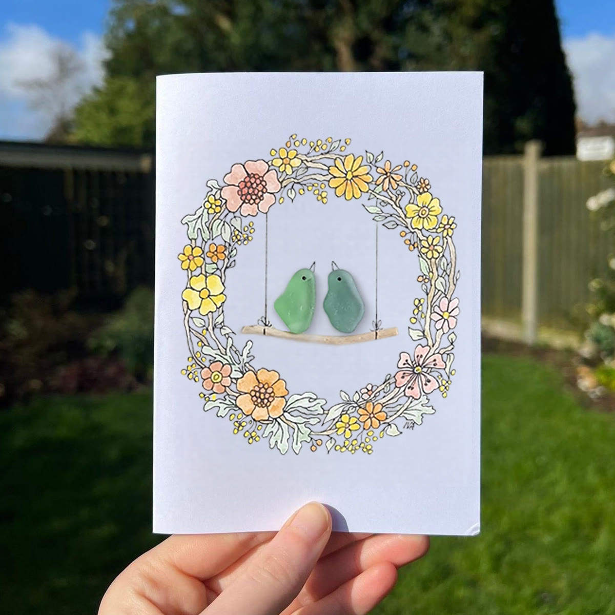 Birds On The Swing Sea Glass Framed Art - Seaglass Card - 8" X 6" - image 1