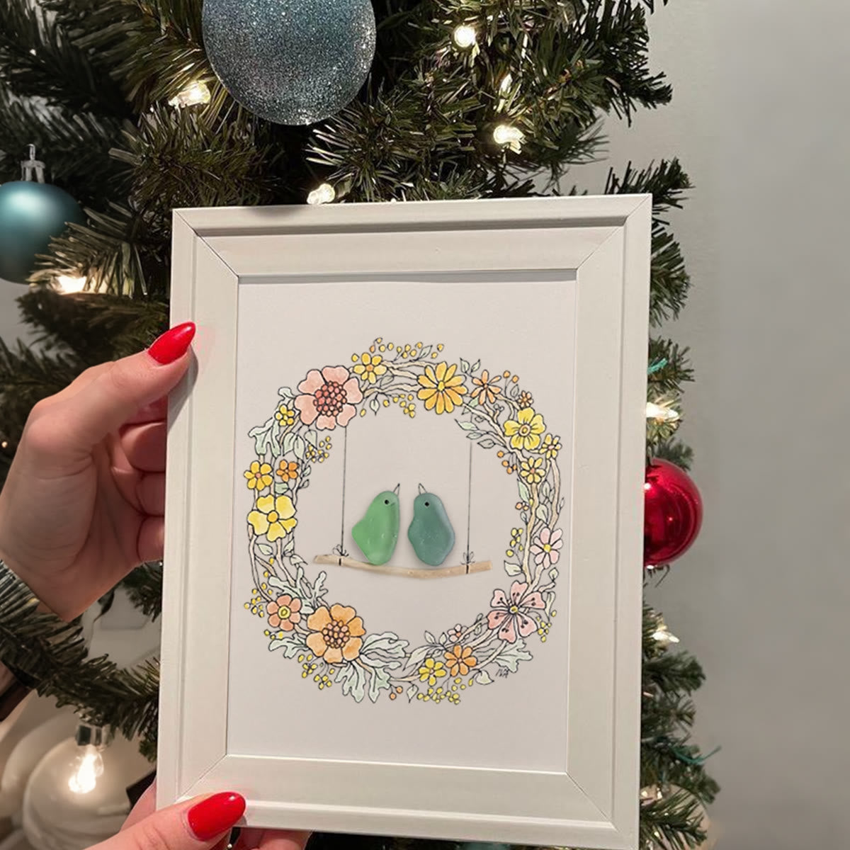 Birds On The Swing Sea Glass Framed Art - image 0