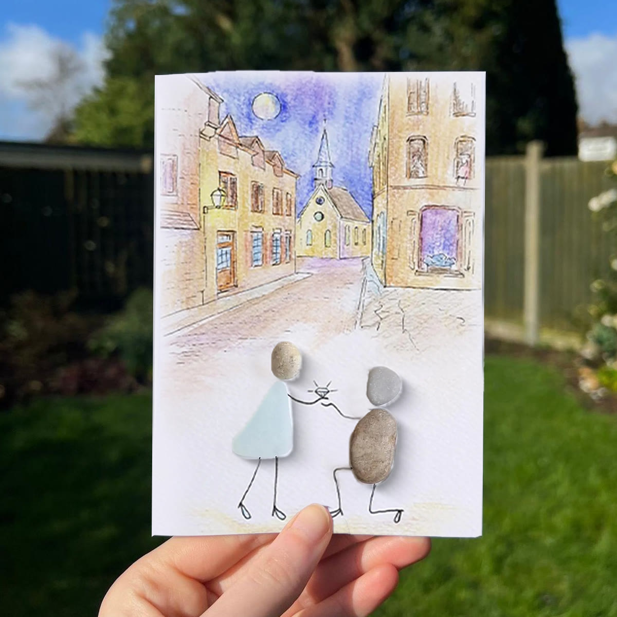 Propose On A Street Engagement Couple Sea Glass Framed Art - Seaglass Card - 8" X 6" - image 1