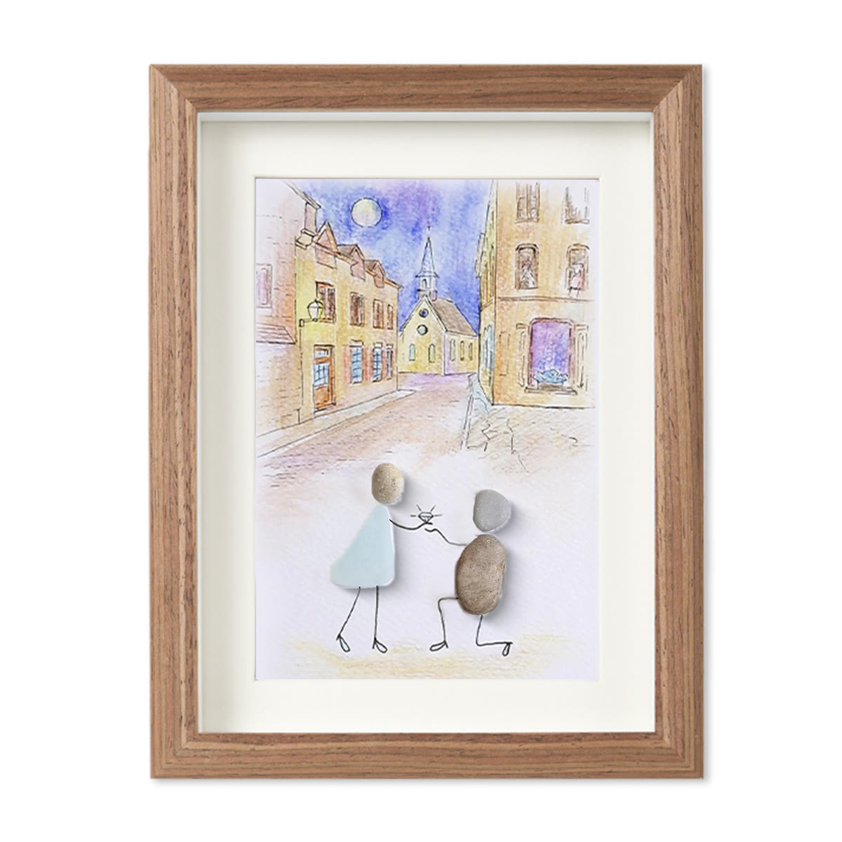 Propose On A Street Engagement Couple Sea Glass Framed Art - Walnut Brown - 8" X 6" - image 11