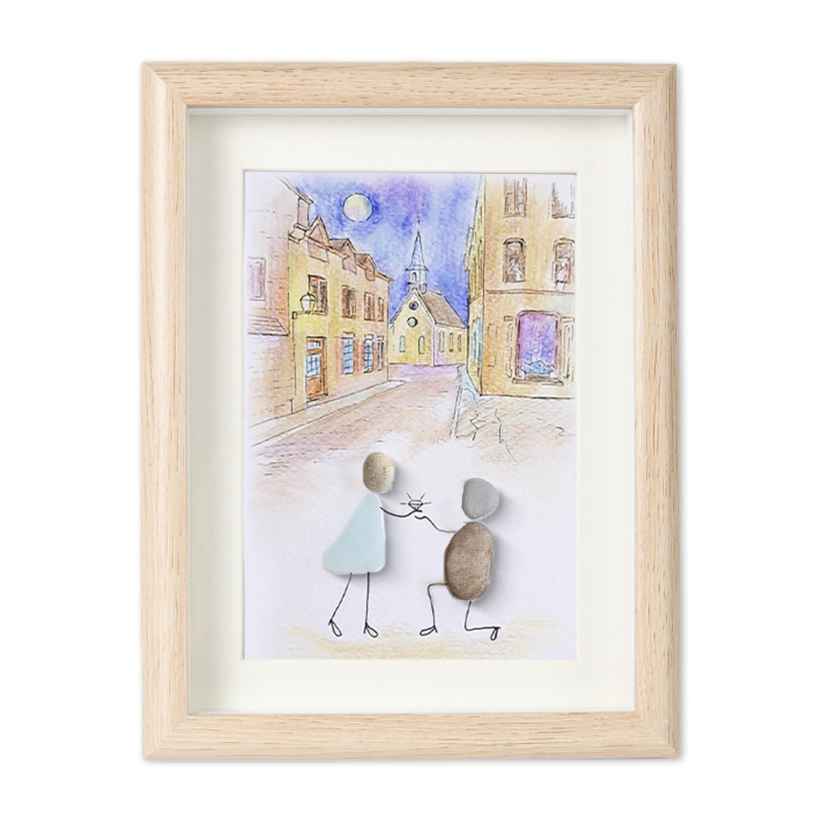Propose On A Street Engagement Couple Sea Glass Framed Art - Oak - 8" X 6" - image 10