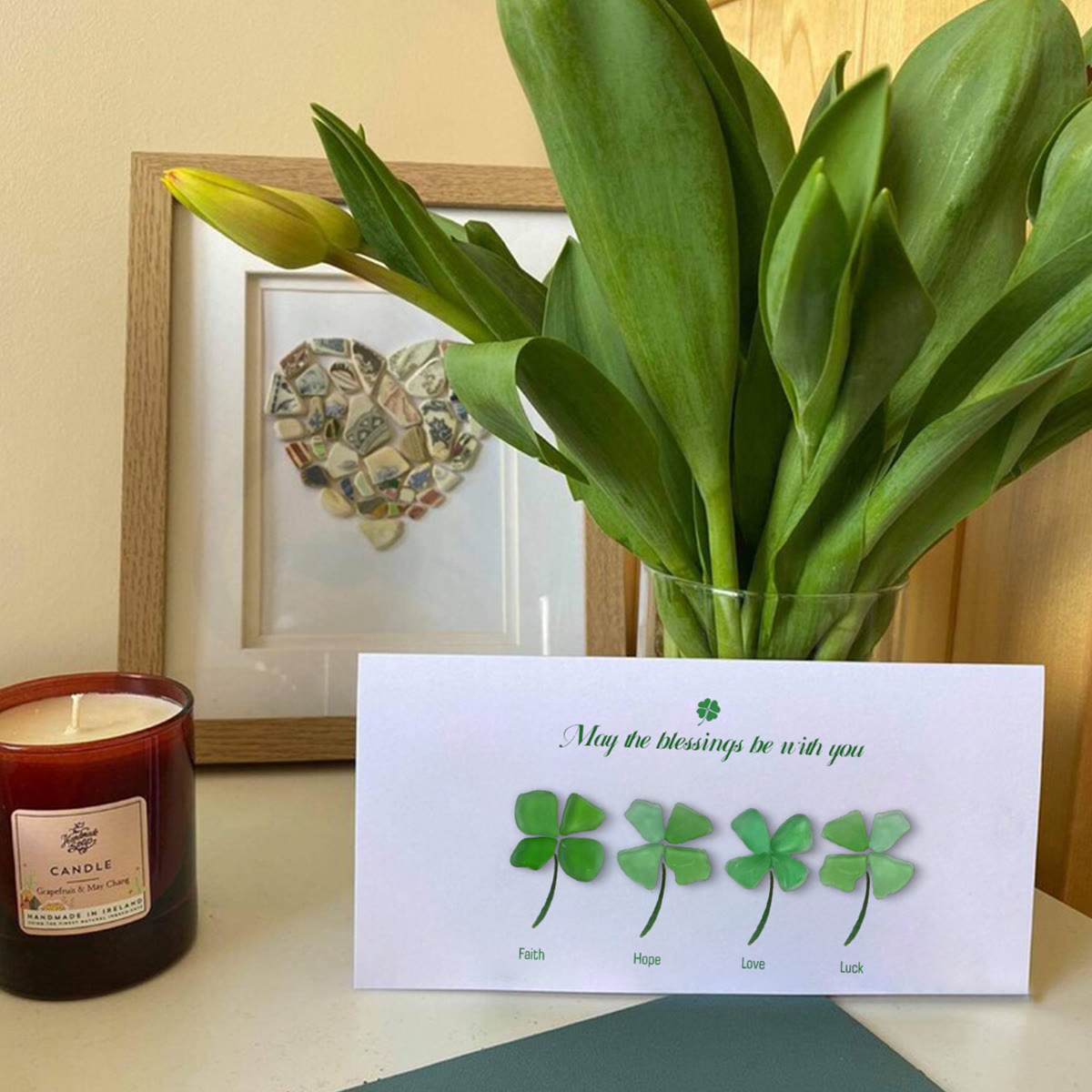 Four Leaf Clover Blessings Sea Glass Framed Art - Seaglass Card - 6" X 8" - image 1