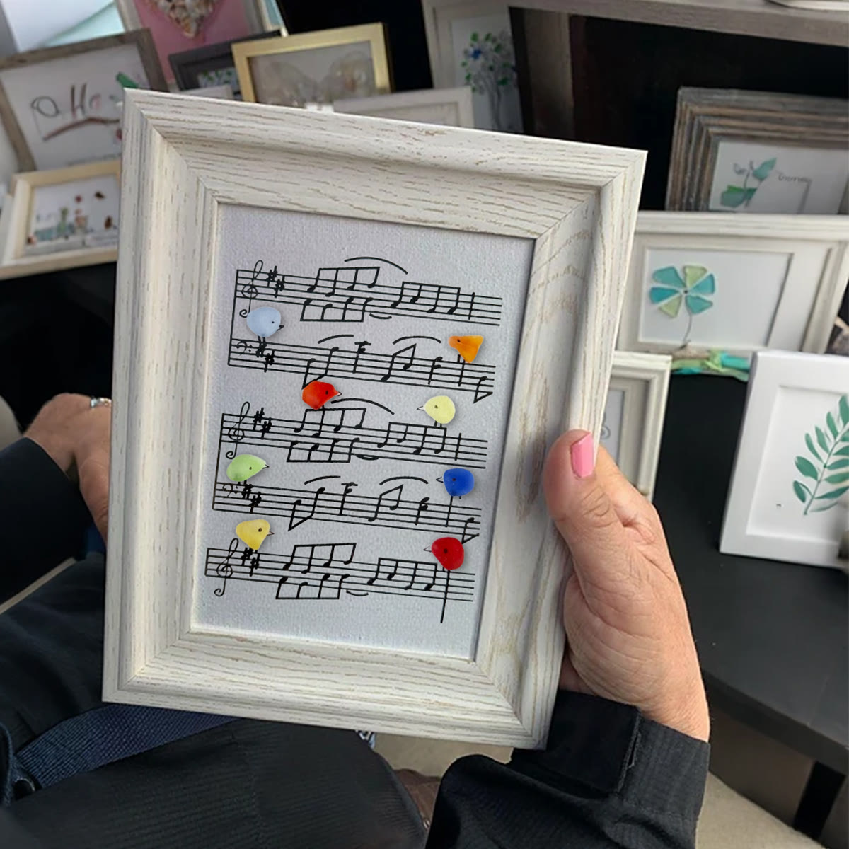Eight Colorful Songbirds Singing Sea Glass Framed Art - image 2