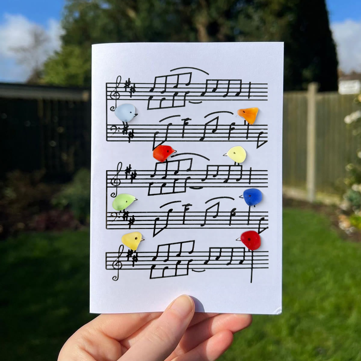 Eight Colorful Songbirds Singing Sea Glass Framed Art - Seaglass Card - 8" X 6" - image 1