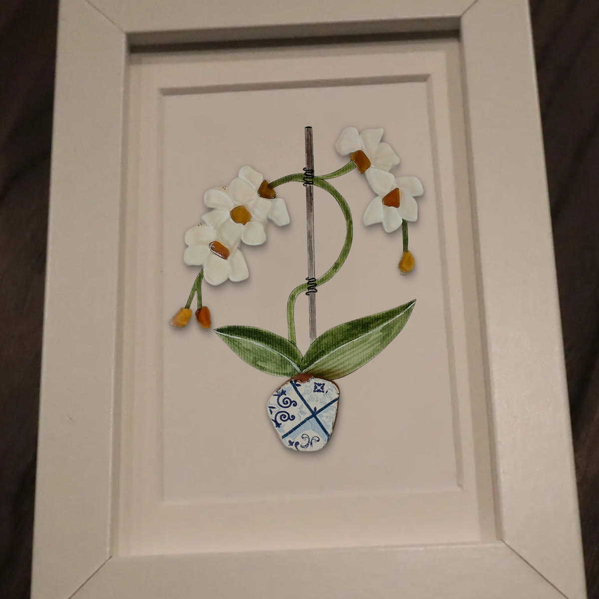 White Orchid Handmade Sea Glass Framed Art - image 6