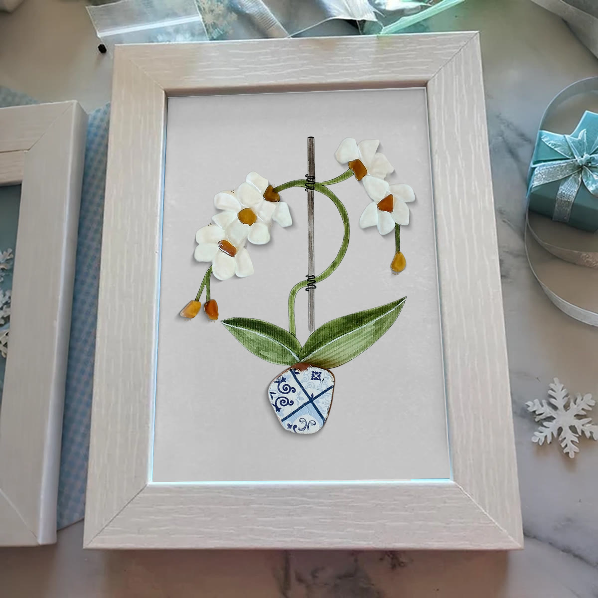 White Orchid Handmade Sea Glass Framed Art - image 2