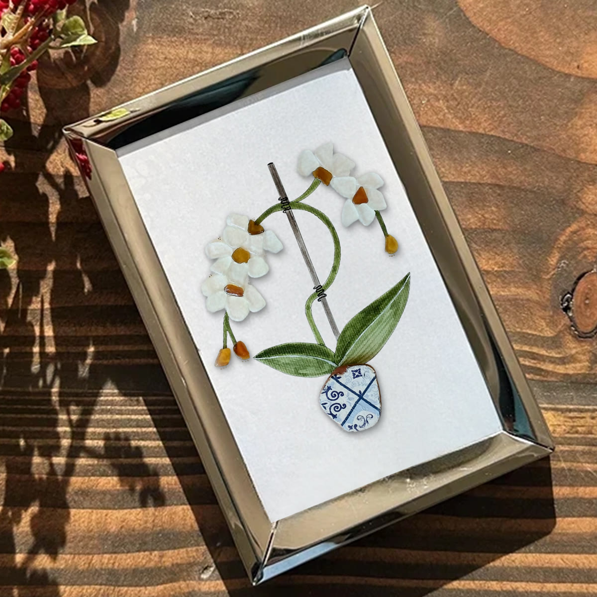 White Orchid Handmade Sea Glass Framed Art - image 3