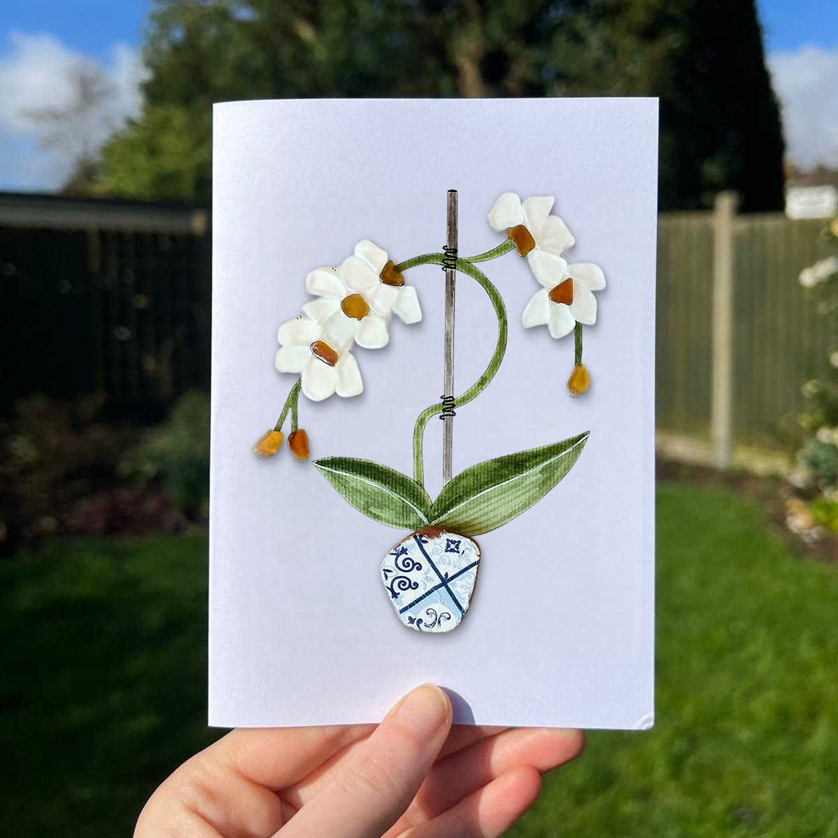 White Orchid Handmade Sea Glass Framed Art - Seaglass Card - 8" X 6" - image 1