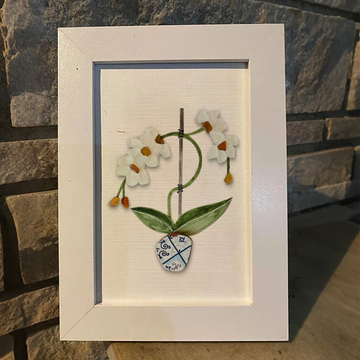 White Orchid Handmade Sea Glass Framed Art - image 5