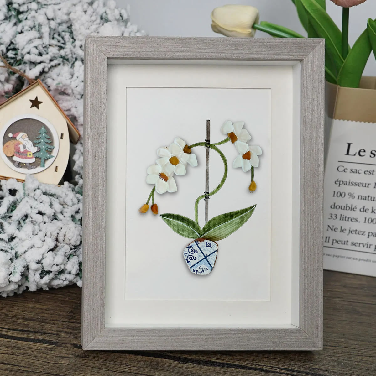 White Orchid Handmade Sea Glass Framed Art - image 4