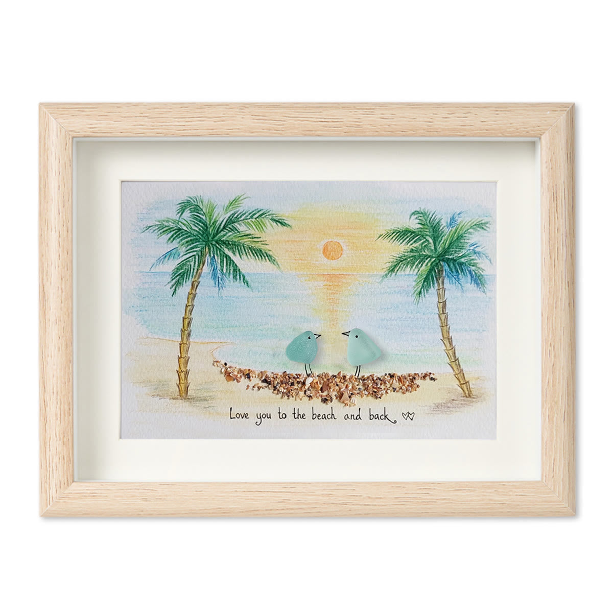 Romantic Couple Birds On The Bench Sea Glass Framed Art - Oak - 6" X 8" - image 11