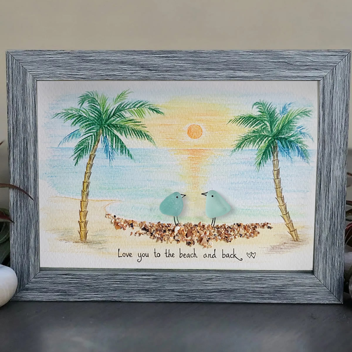 Romantic Couple Birds On The Bench Sea Glass Framed Art - image 0