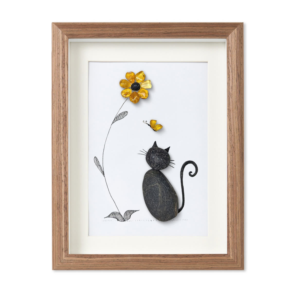 Black Pebble Cat And Yellow Flower Sea Glass Framed Art - image 15