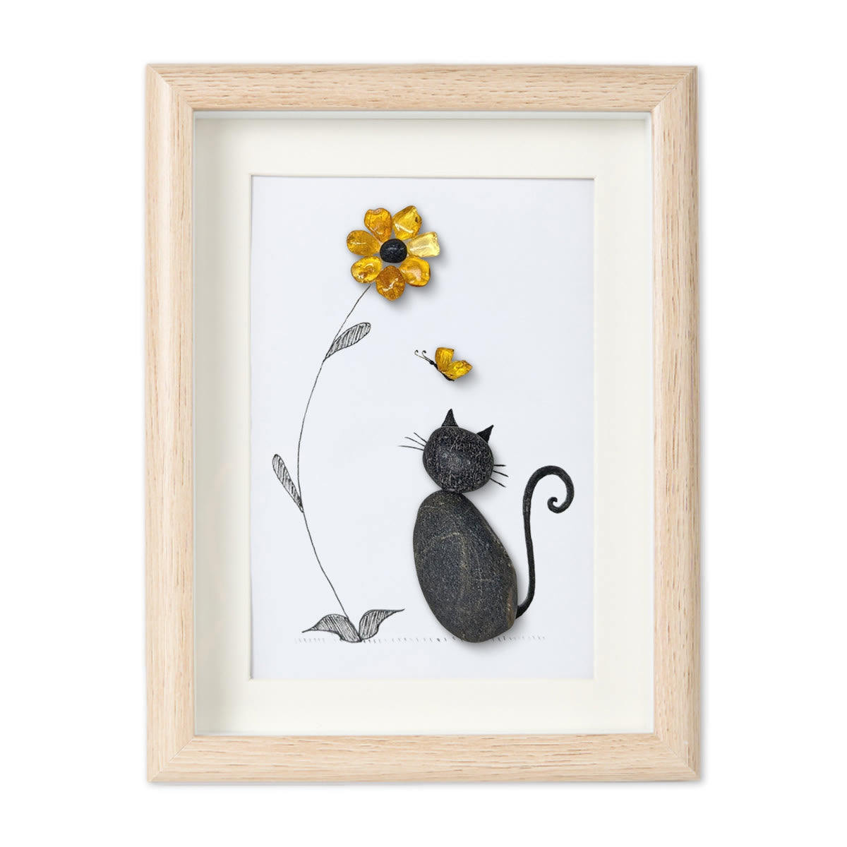 Black Pebble Cat And Yellow Flower Sea Glass Framed Art - image 14