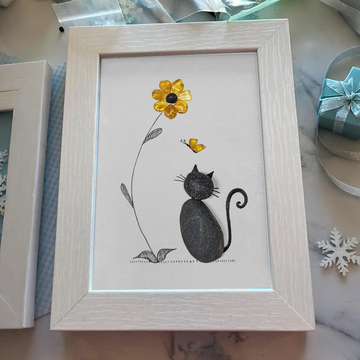 Black Pebble Cat And Yellow Flower Sea Glass Framed Art - image 3