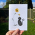 Black Pebble Cat And Yellow Flower Sea Glass Framed Art - Seaglass Card - 8" X 6" - image 1