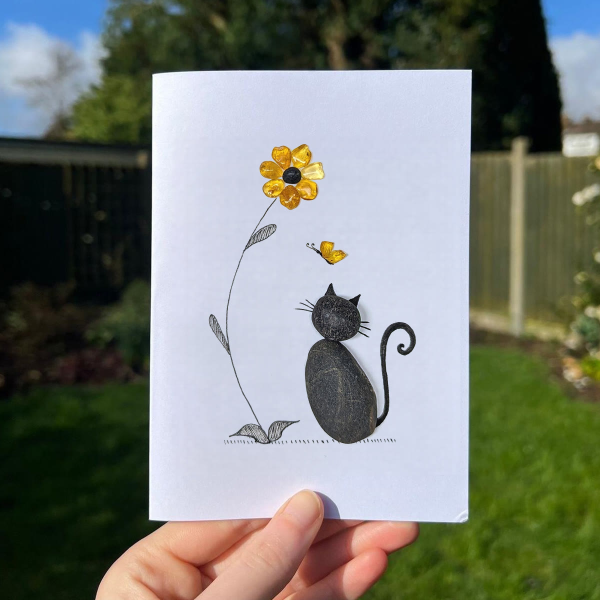 Black Pebble Cat And Yellow Flower Sea Glass Framed Art - Seaglass Card - 8" X 6" - image 1