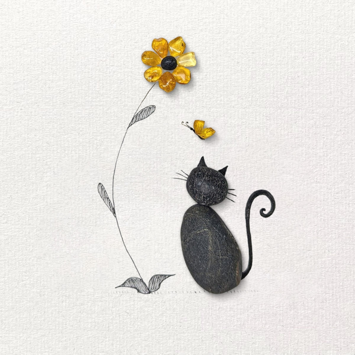 Black Pebble Cat And Yellow Flower Sea Glass Framed Art - image 2