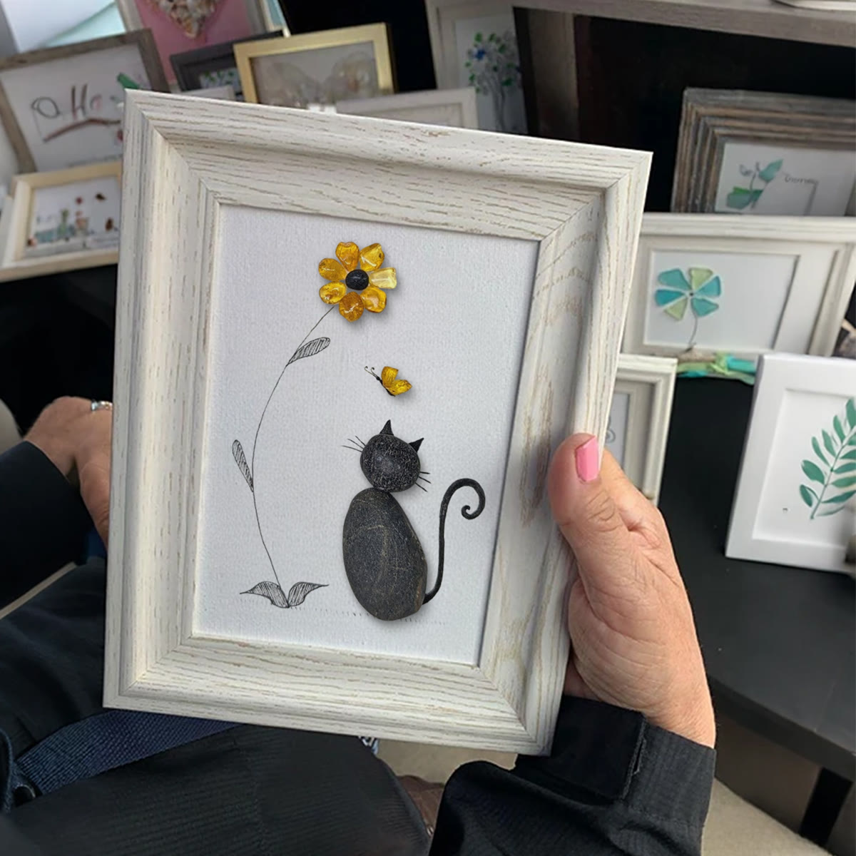 Black Pebble Cat And Yellow Flower Sea Glass Framed Art - image 0