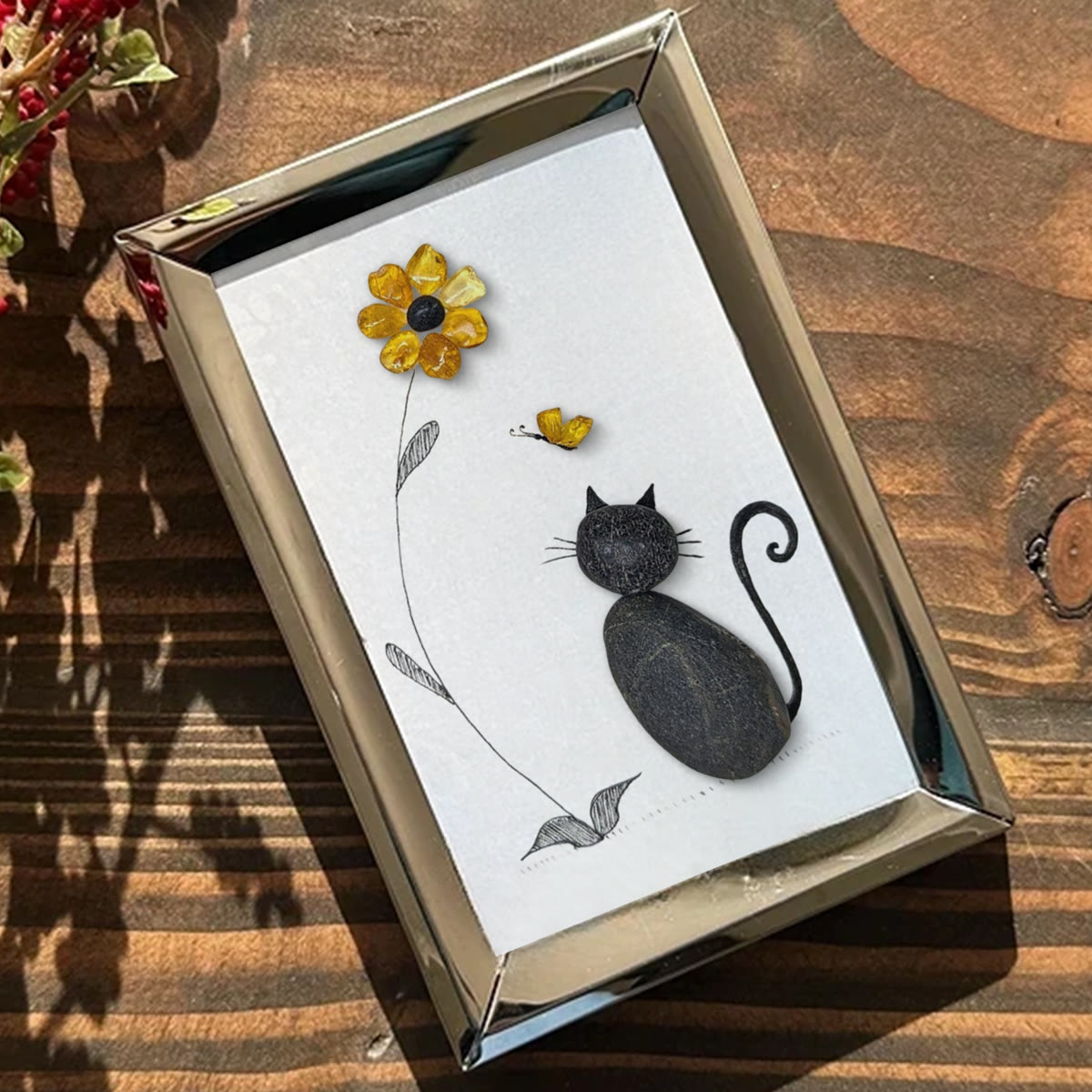 Black Pebble Cat And Yellow Flower Sea Glass Framed Art - image 4