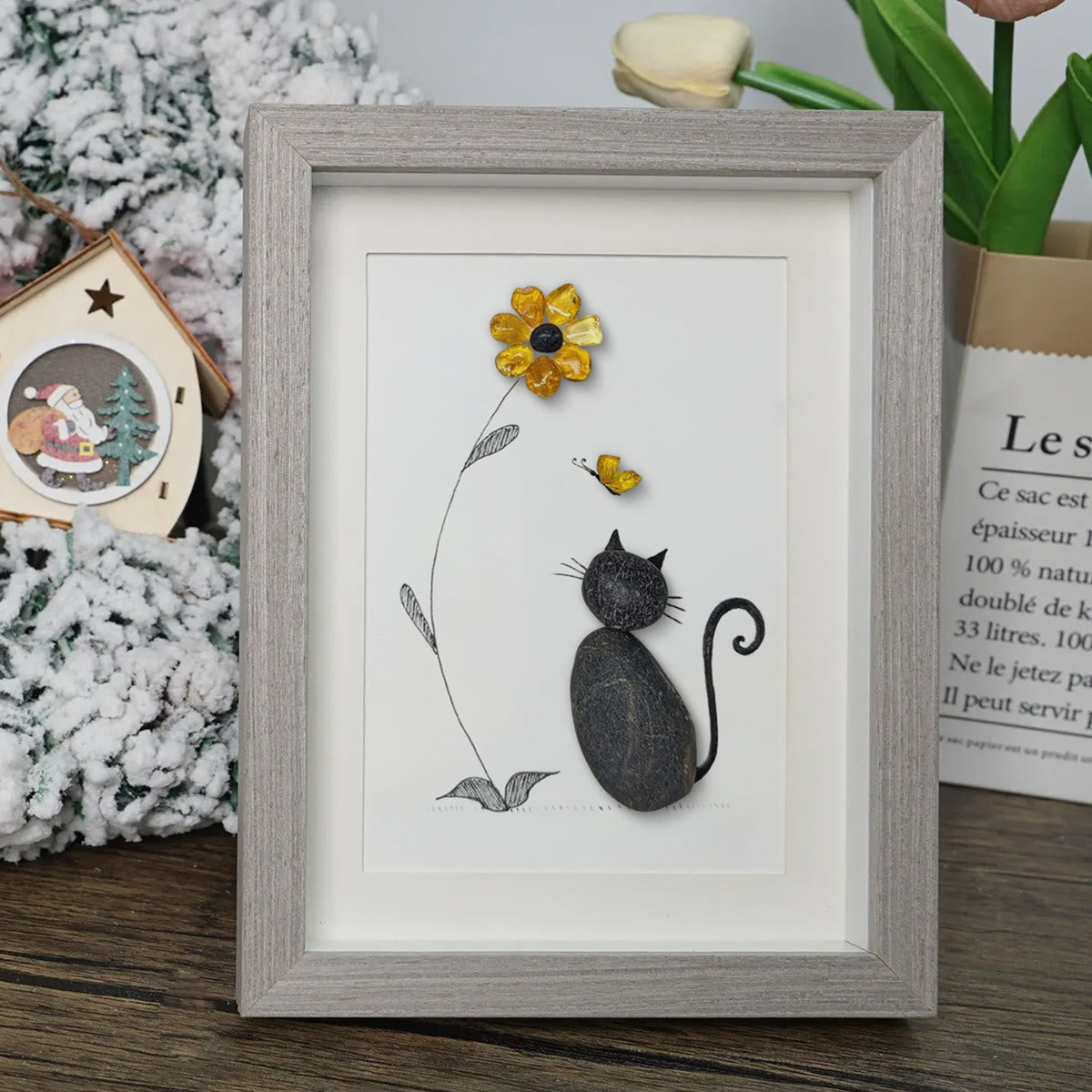 Black Pebble Cat And Yellow Flower Sea Glass Framed Art - image 6