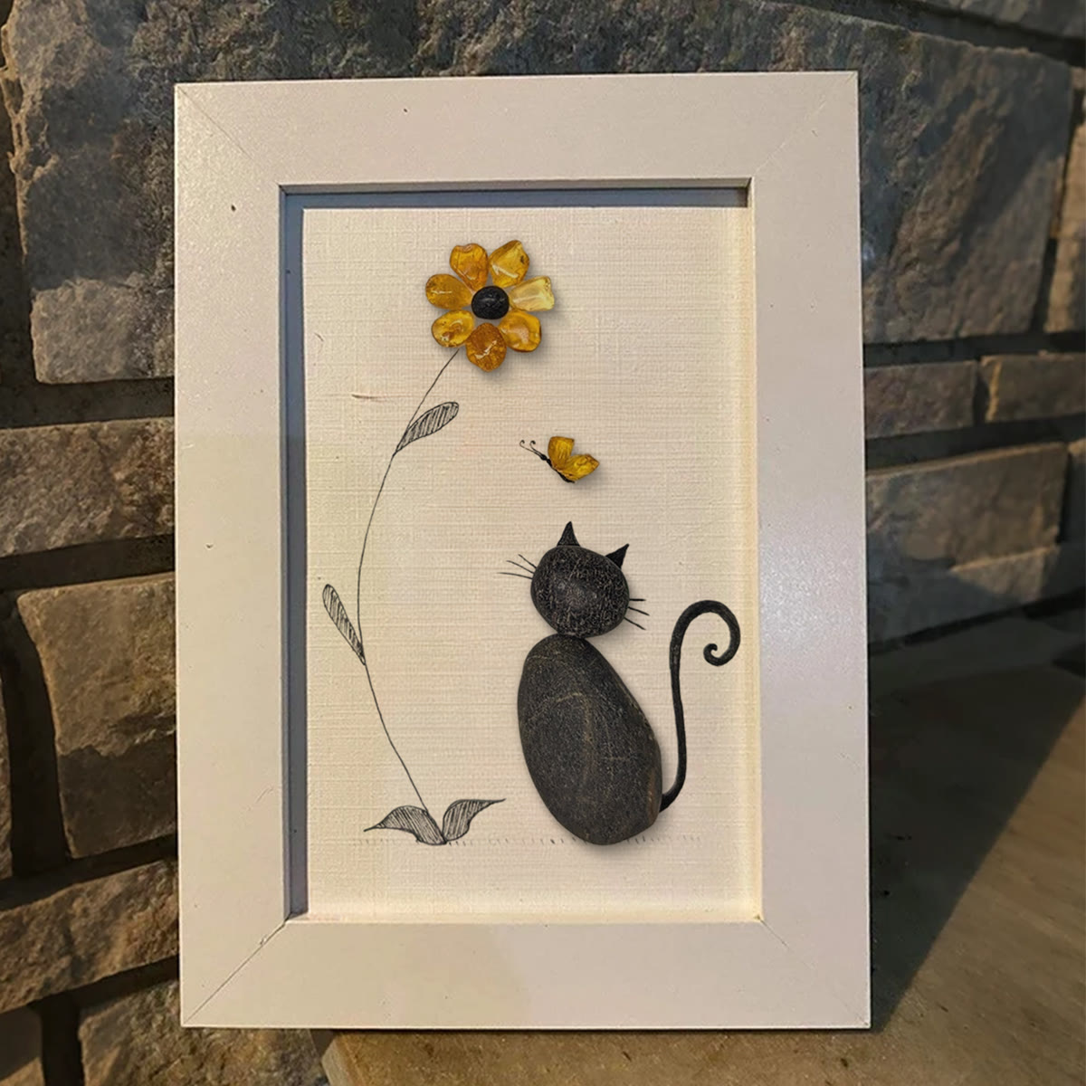 Black Pebble Cat And Yellow Flower Sea Glass Framed Art - image 7