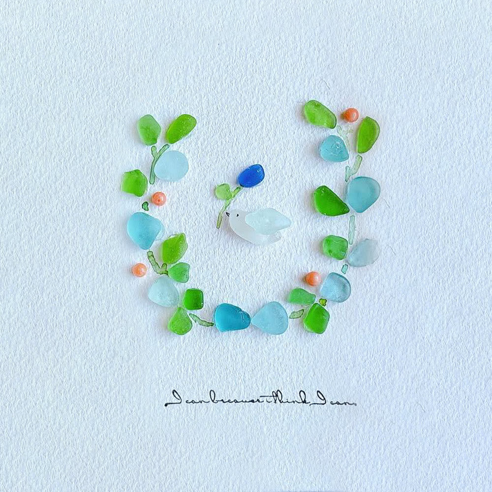 Serenity in Bloom Flower and Bird Sea Glass Framed Art - Seaglass Card - 8" X 6" - image 1