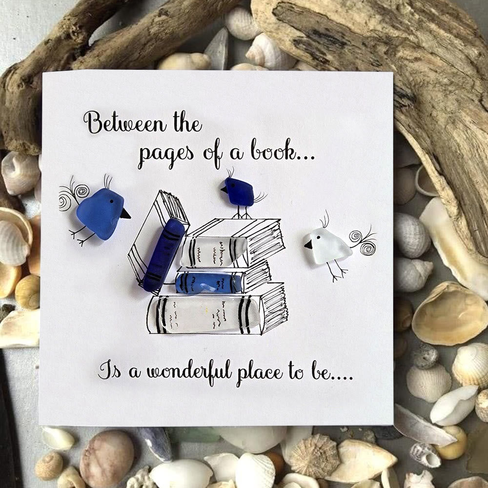 Enjoy In a Good Book Book Lover Sea Glass Framed Art - Seaglass Card - 8" X 8" - image 1