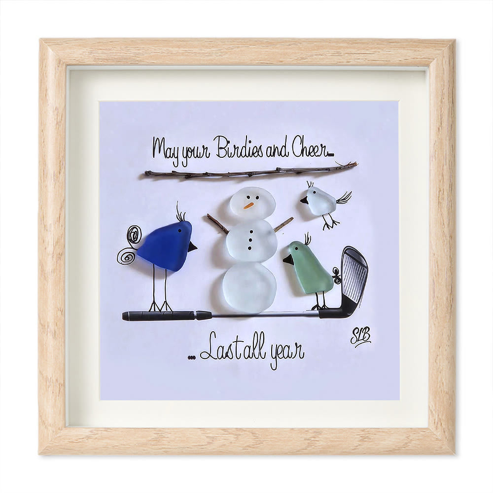 Winter Cheer Christmas Snowman Sea Glass Framed Art - Oak - 8" X 8" - image 7