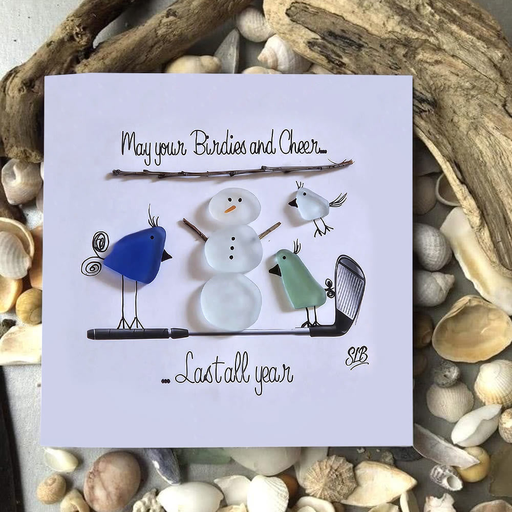 Winter Cheer Christmas Snowman Sea Glass Framed Art - Seaglass Card - 8" X 8" - image 1