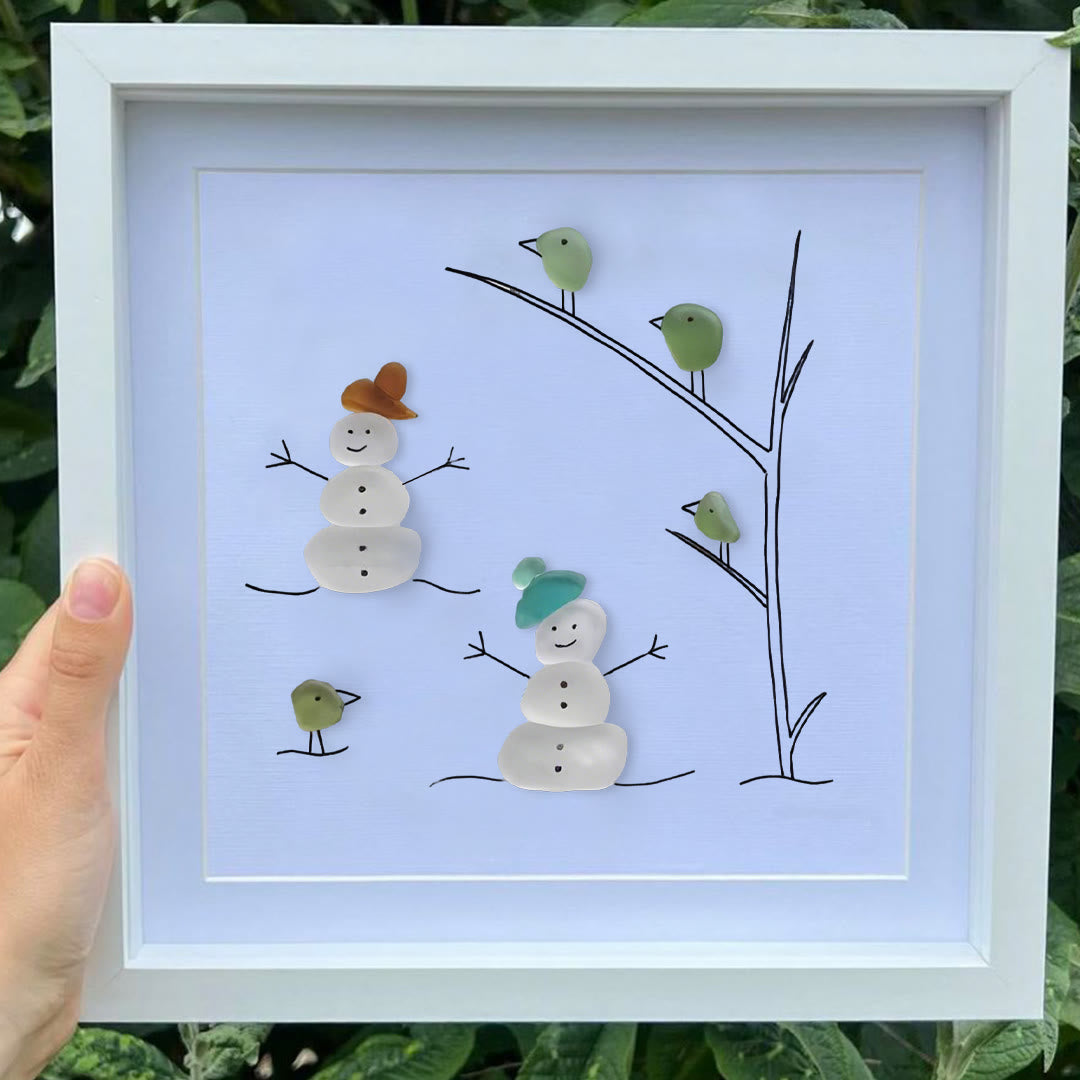 Frosty Snowman Friends Gathering Sea Glass Framed Art - image 0