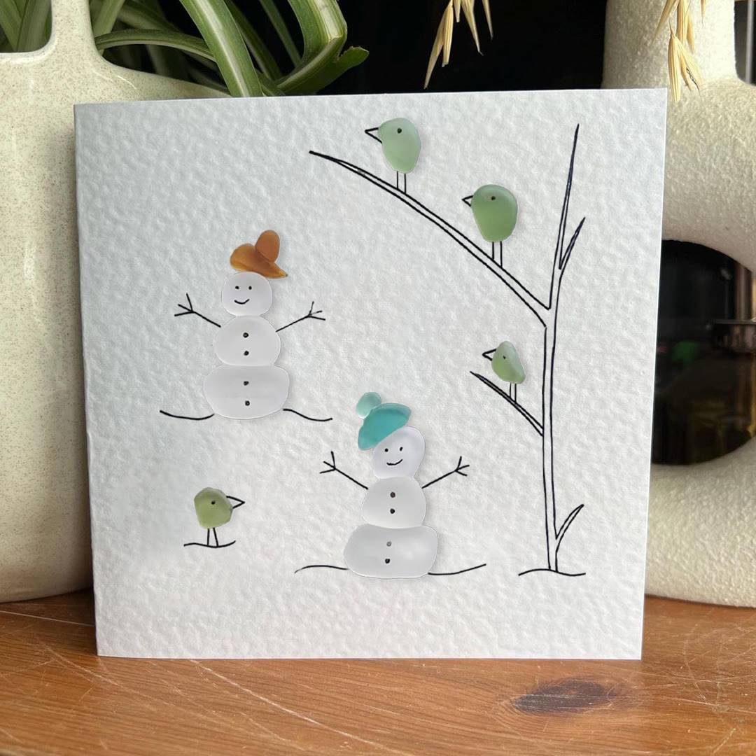 Frosty Snowman Friends Gathering Sea Glass Framed Art - Seaglass Card - 8" X 8" - image 1