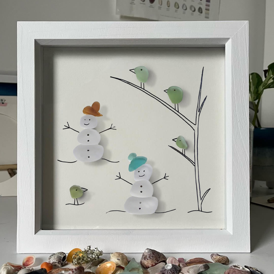 Frosty Snowman Friends Gathering Sea Glass Framed Art - image 3