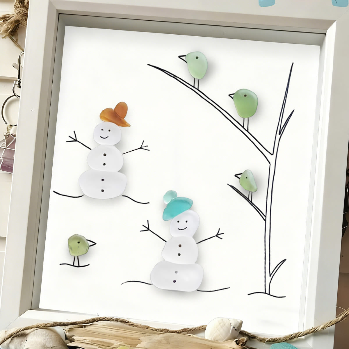 Frosty Snowman Friends Gathering Sea Glass Framed Art - image 4