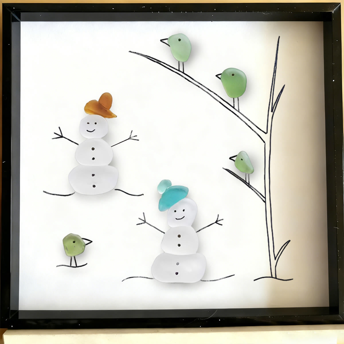 Frosty Snowman Friends Gathering Sea Glass Framed Art - image 5