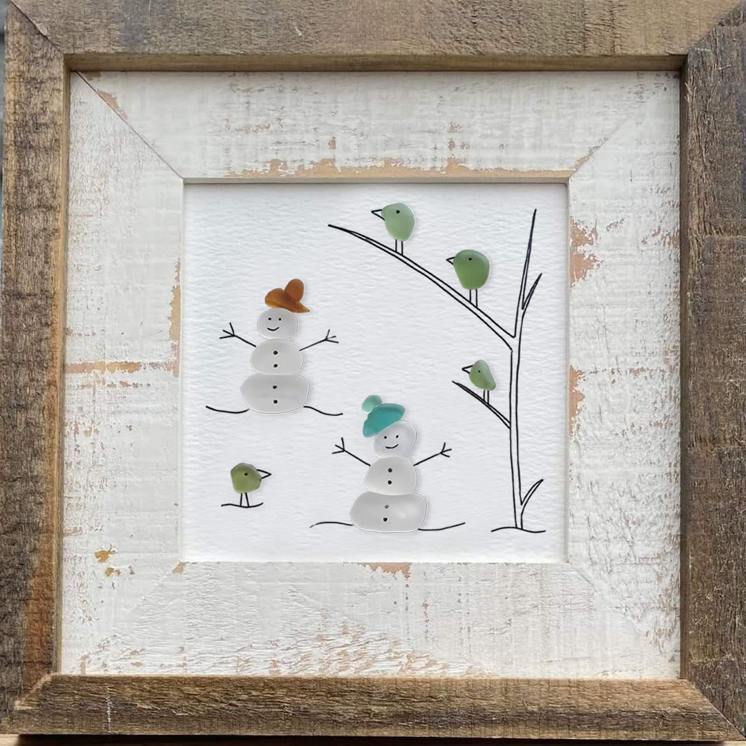 Frosty Snowman Friends Gathering Sea Glass Framed Art - image 6