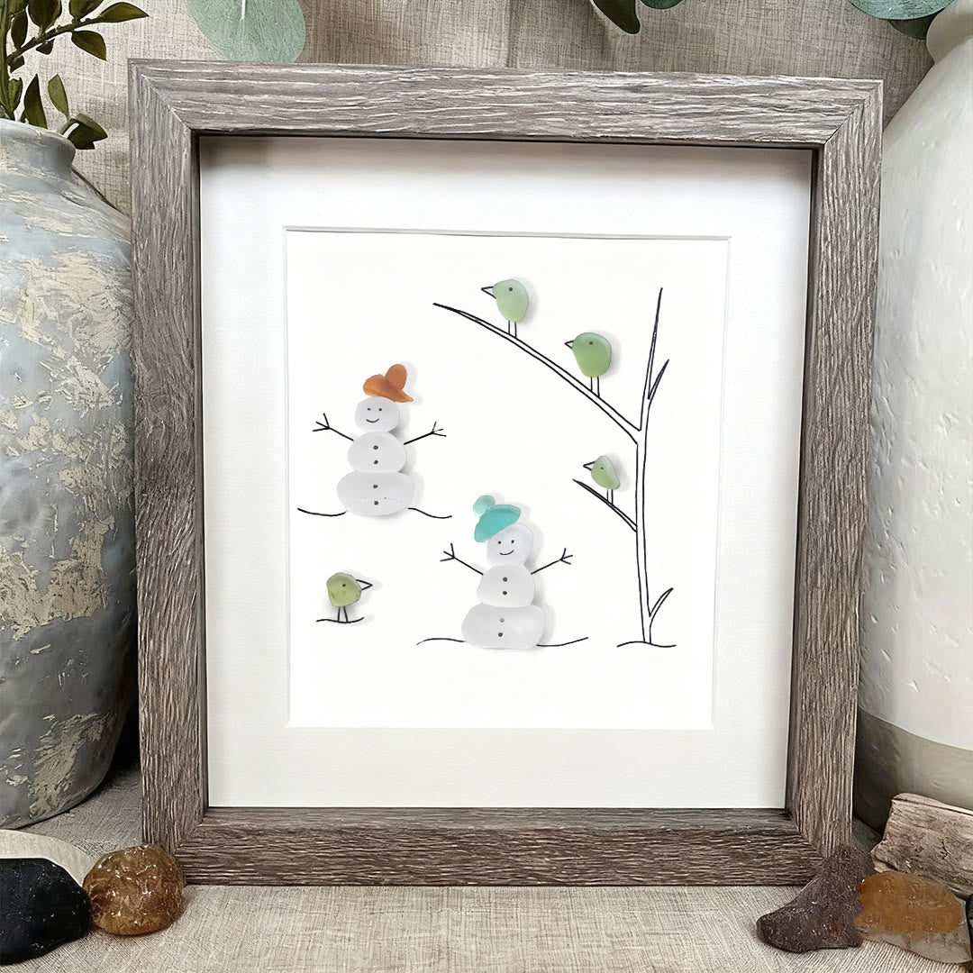 Frosty Snowman Friends Gathering Sea Glass Framed Art - image 8