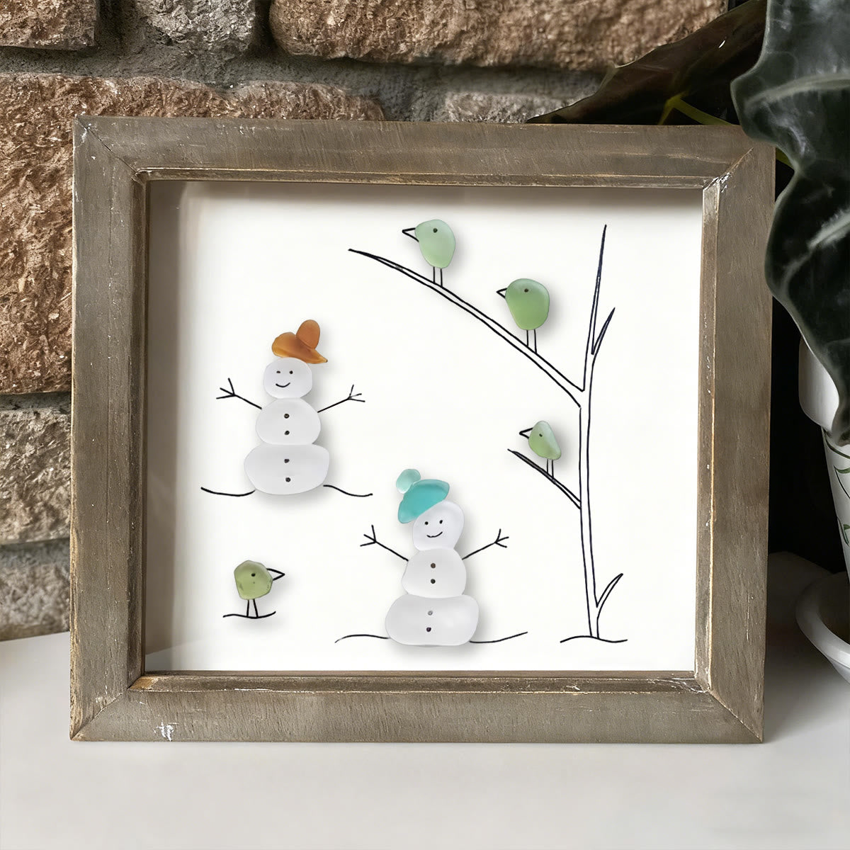 Frosty Snowman Friends Gathering Sea Glass Framed Art - image 7