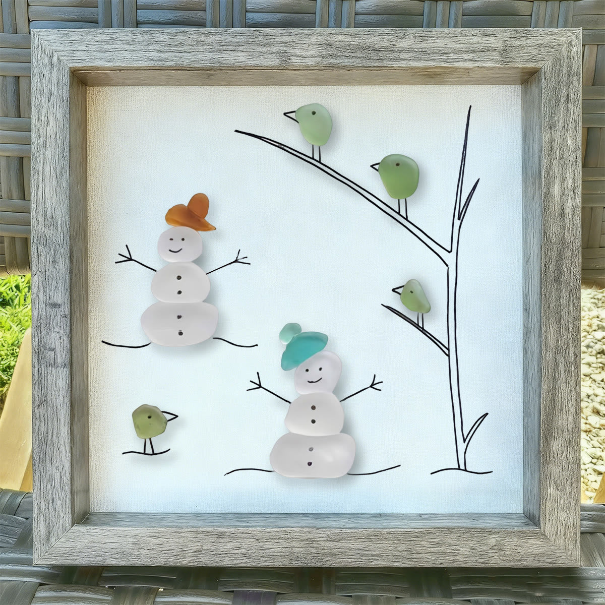 Frosty Snowman Friends Gathering Sea Glass Framed Art - image 2