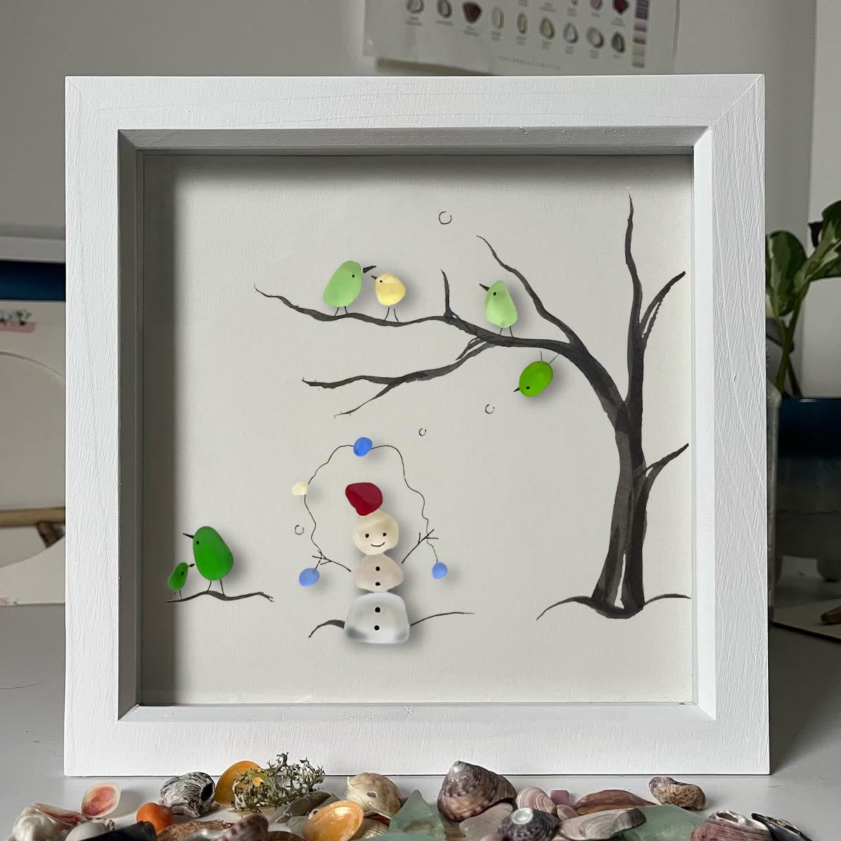 Winter Wonder Smiles Snowman and Birds Sea Glass Framed Art - image 3