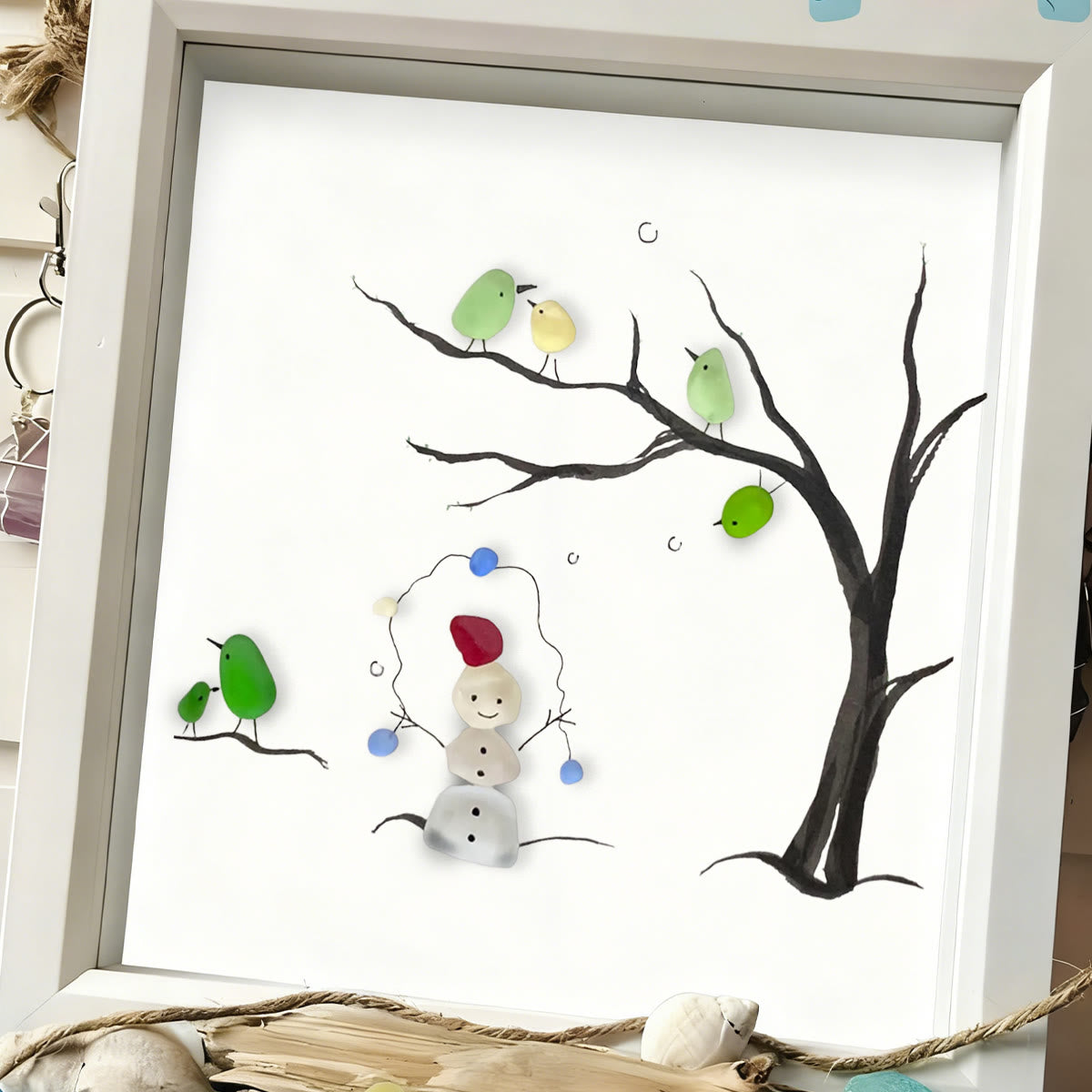Winter Wonder Smiles Snowman and Birds Sea Glass Framed Art - image 4