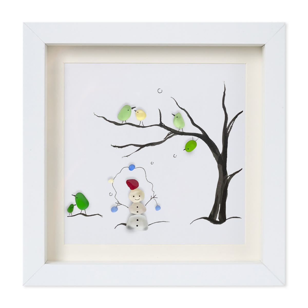 Winter Wonder Smiles Snowman and Birds Sea Glass Framed Art - White - 8" X 8" - image 13